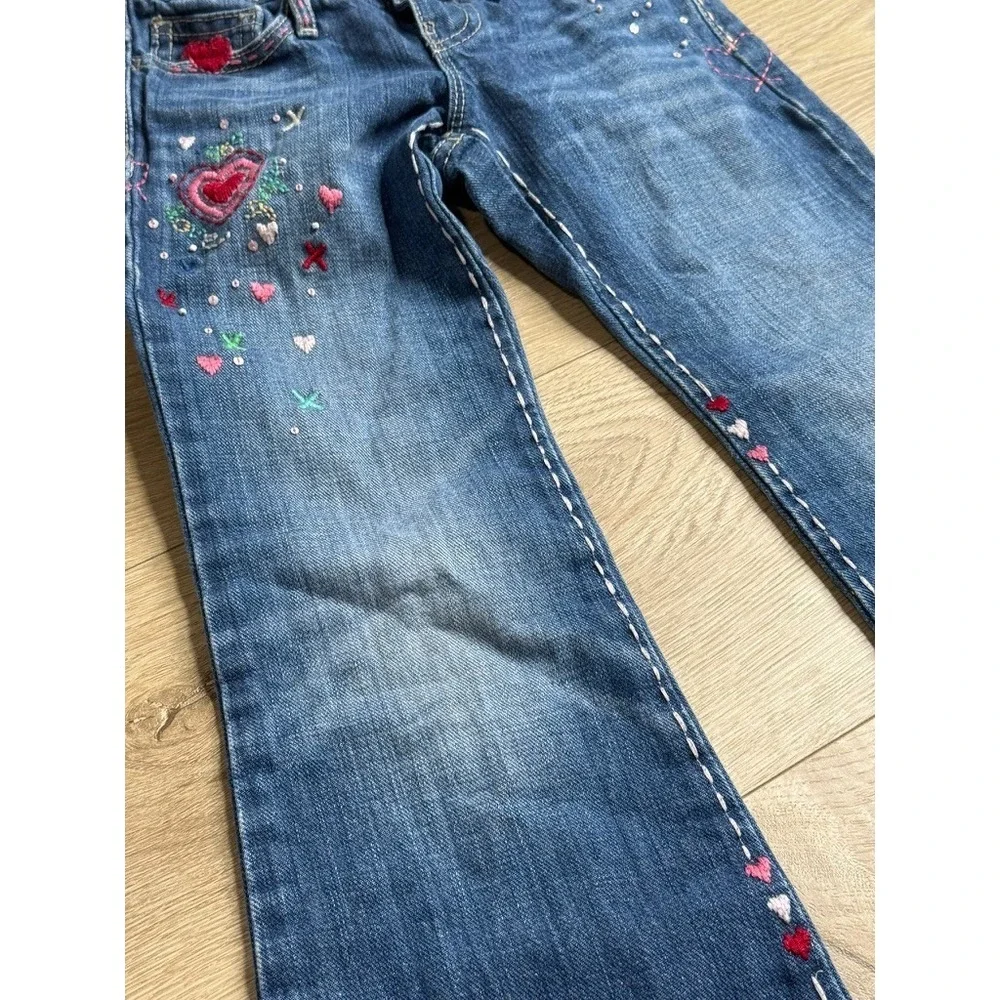 EUC Kids Girls Gap Denim embroidered Y2K Vintage flare jeans hearts size 6
